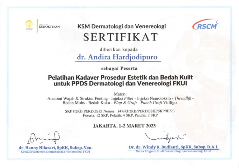 Dr. Andira – Sertifikat Pelatihan Kadaver Prosedur Estetik dan Bedah Kulit - Graftlab Hair Transplant