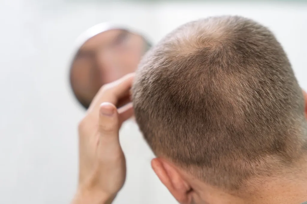 Seseorang yang sedang berkaca ketika mengalami kebotakan rambut