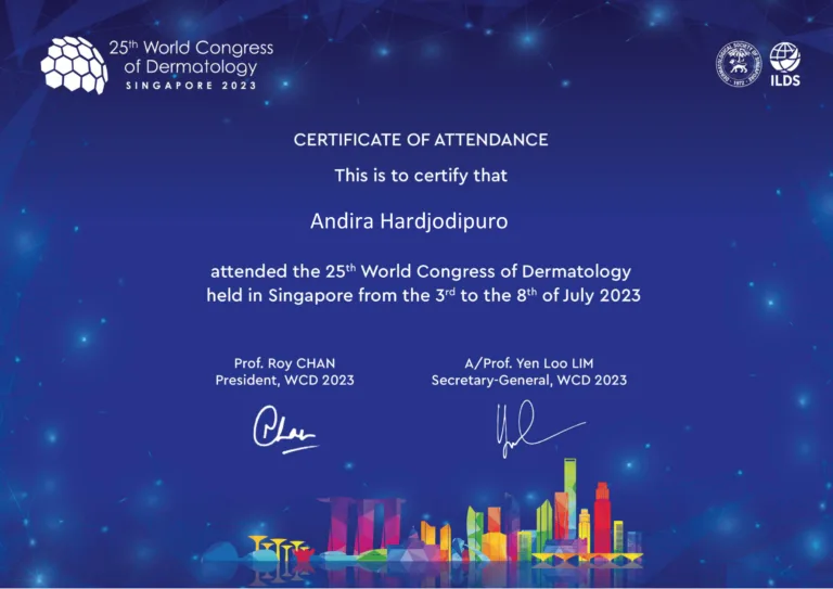 Sertifikat Dr. Dira – World Congress of Dermatology - Graftlab Hair Transplant